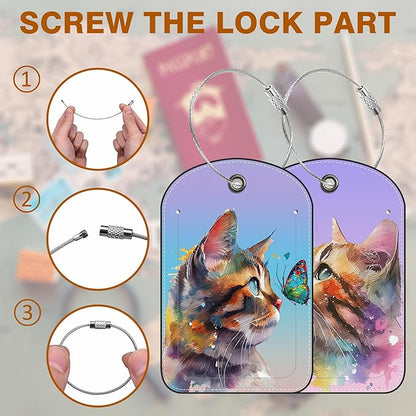 2 Pack PU Luggage Tags for Suitcase, Watercolor Cat and Butterfly Suitcase Tag Leather ID Label Bag Tags with Privacy Cover and Metal Loop for Men Women Travel Bag