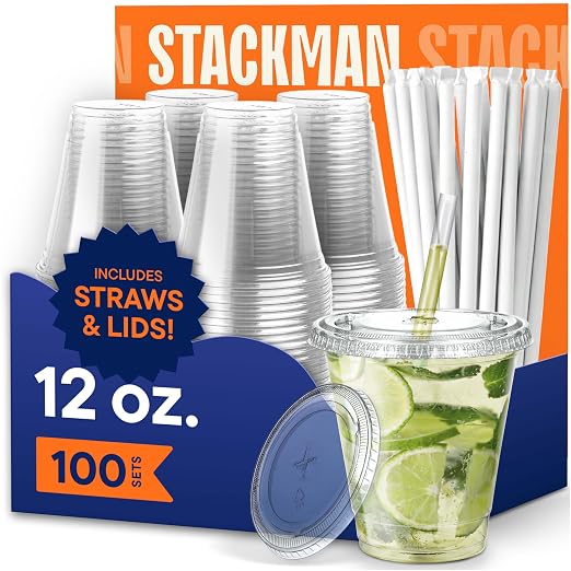 Stack Man Clear Plastic Cups - 12 oz - 100 Pack | Disposable Cups