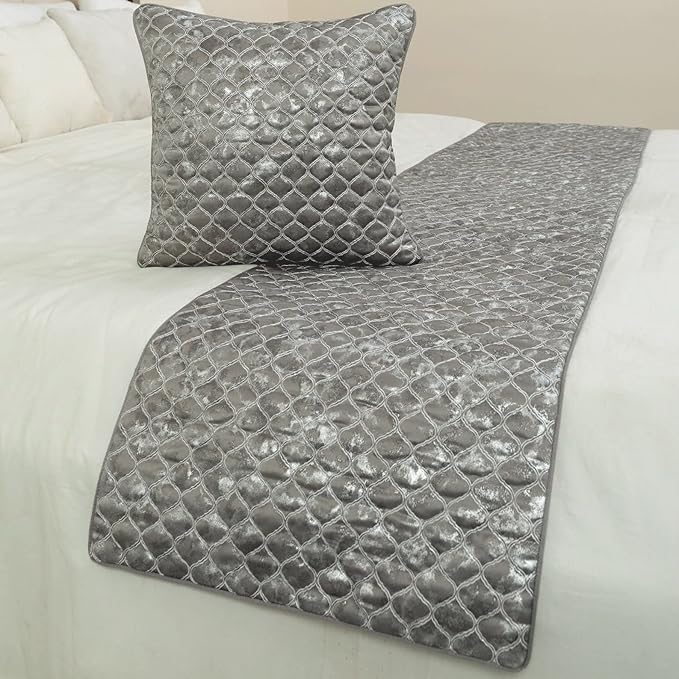 The HomeCentric King/Queen/Twin Grey & Silver Designer Full 68"x18" Bed Runner Without Pillow Cover, Quilted, Foil & Trellis Bed Scarf on Silk Fabric - Jumanah
