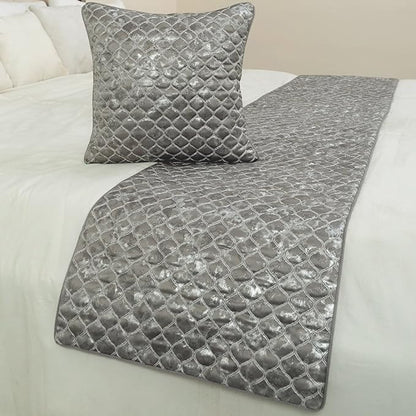 The HomeCentric King/Queen/Twin Grey & Silver Designer Full 68"x18" Bed Runner Without Pillow Cover, Quilted, Foil & Trellis Bed Scarf on Silk Fabric - Jumanah