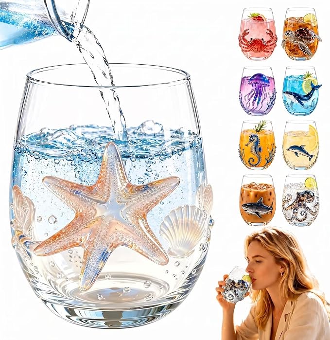 Starfish 3D Stemless Wine Glasses, Artistic Handcrafted Glassware | Novelty