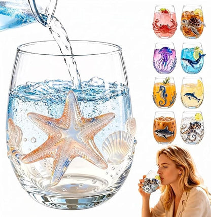 Starfish 3D Stemless Wine Glasses, Artistic Handcrafted Glassware | Novelty