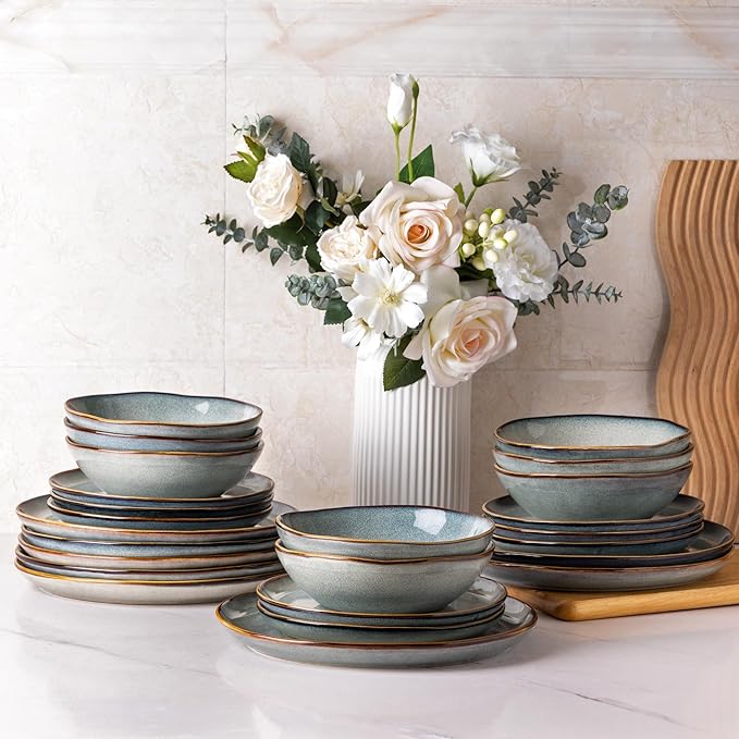 AmorArc Ceramic Dinnerware Sets,Handmade Reactive Glaze Stoneware Plates and Bowls Sets,Highly Scratch Resistant | Dishwasher & Microwave Safe Dishes Set,Service for 6 (18pc)