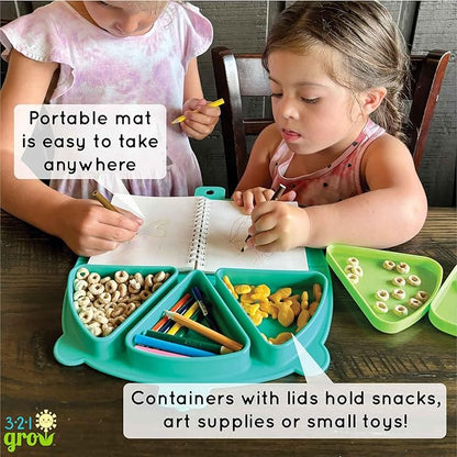On-The-Go Snack Mat – Baby Silicone Travel Dining Placemat – Portable Silicone Toddler Plate – Reusable Snack Container with 3 Compartments and Lids for 6 Months + (Aqua)
