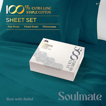 Mayfair Linen 500 Thread Count Twin Cotton Sheets - 3 PC Twin Size Bed Sheet Set Cotton (Teal), Ultra Soft, Cooling, Sateen Hotel-Quality 16" Deep Pocket Bedsheet for Hot Sleepers (Fits 18" Mattress)