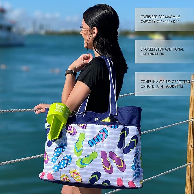 geckobrands Oversized Beach Tote – Large and Stylish Beach Bag with 4 Exterior Pockets and Zippered Internal Compartment