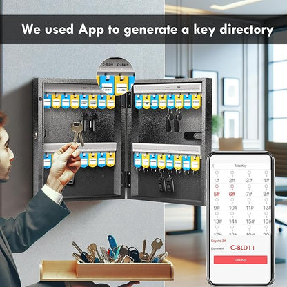 WeHere 32 Key Lock Box with Dual Lock, Combination & Key Unlock, Key Cabinet Wall Mount with Key Tag Label, Key Holder Storage Lockbox for Store, Office, Company, House, App Key Directory ERP