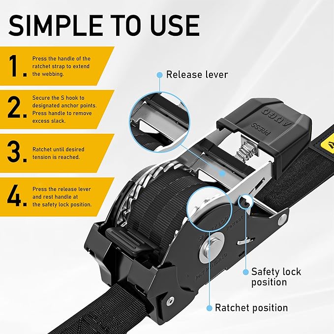 AUGO Self-Locking Retractable Ratchet Straps | 4 Heavy Duty Self-Tensioning Retractable Tie Down Straps with Soft Loops & Storage Bag | for Motorcycle, Truck, Cargo | 1500Lb Break Strength 1” x 12’