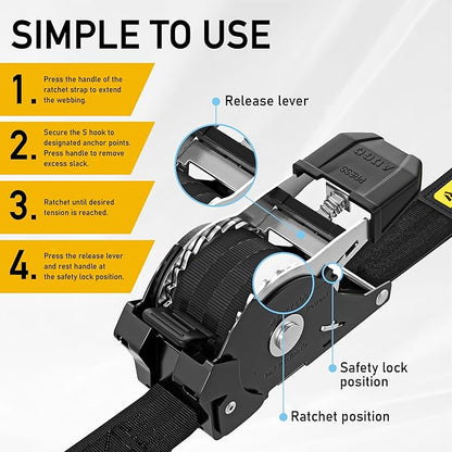 AUGO Self-Locking Retractable Ratchet Straps | 4 Heavy Duty Self-Tensioning Retractable Tie Down Straps with Soft Loops & Storage Bag | for Motorcycle, Truck, Cargo | 1500Lb Break Strength 1” x 12’