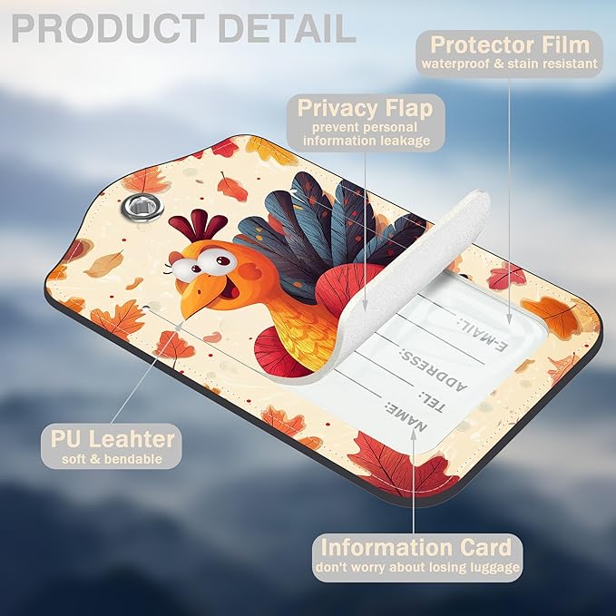 2 Pcs Thanksgiving Turkey Luggage Tags for Suitcases Autumn Fallen Leaves PU Leather Baggage Tags Name ID Label with Privacy Cover and Stainless Steel Loop for Men Women Travel Bag Suitcase