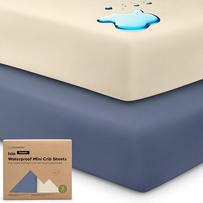 2-Pack Waterproof Pack and Play Sheets, Mini Crib Sheets Fitted for Boy, Girl - 38 x 26 Viscose from Bamboo Pack N Play Mattress Sheets for Graco, Toddler Playard Baby Crib Sheets Neutral(Maritime)