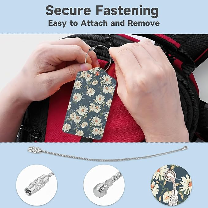 2 Pack Leather Luggage Tag for Suitcase Retro Daisy Flower Unique Travel Tags with Privacy Cover ID Label & Stainless Steel Loop for Men and Women Baggage