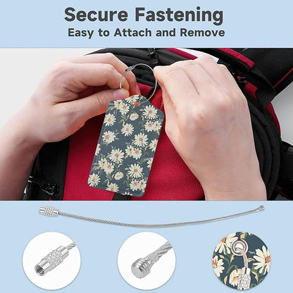 2 Pack Leather Luggage Tag for Suitcase Retro Daisy Flower Unique Travel Tags with Privacy Cover ID Label & Stainless Steel Loop for Men and Women Baggage