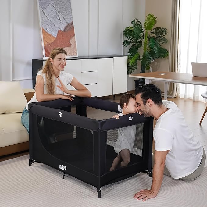 Pamo Babe Portable Crib Baby Playpen with Mattress and Carry Bag (Black)