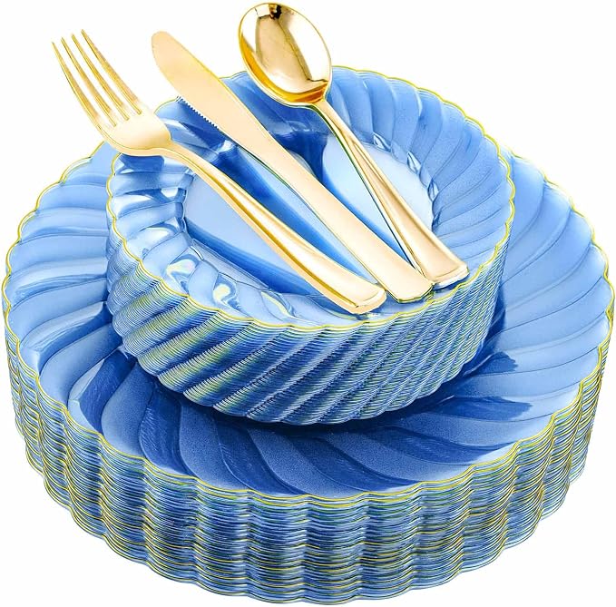 YOUBET 125PCS Clear Blue Gold Plastic Plates