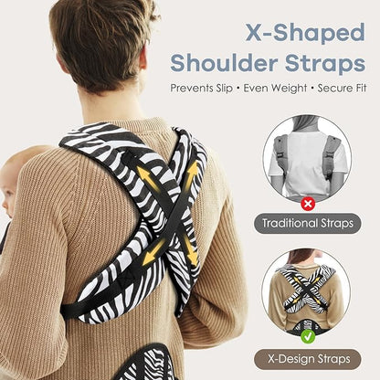 Baby Carrier with Lumbar Support, Cozy Baby Carrier Newborn to Toddler with Adjustable Seat Size, Ergonomic Infant Carrier with 3-Way Carry, Front Facing Toddler Hodler Carrier for Mom & Dad, Zebra