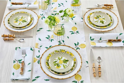 Solino Home Lemon Print Table Runner 120 Inches Long - 100% Pure Linen Table Runner 14 x 120 Inch - Machine Washable - Botanical Lemon/White Print