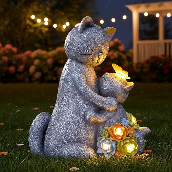 Solar Garden Statues Loving Cat Figurine Lights