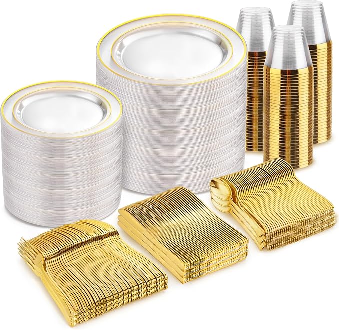 bUCLA 600PCS Clear Plates with Gold Trim