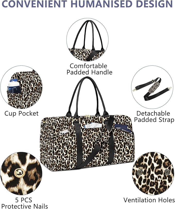 Women Duffle Weekender Travel Bag: Large Duffel Bags with Shoe Compartment Carry On Overnight Tote Bag with Wet Pocket Toiletry Bag Traveling Weekend Gym Yoga Hospital Bags for Womens Brown Leopard