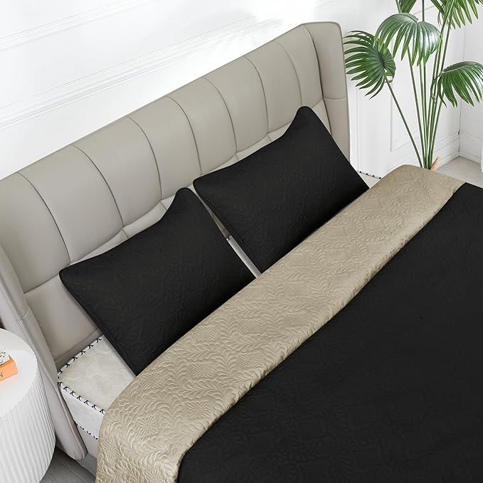 Easy-Going Full/Queen Size Reversible Quilt Set with 1 Quilt and 2 Pillow Shams, Soft Bed Quilt Cover, Water Resistant Lightweight Microfiber Bedspread, Stain Resistant, Olive Leaf-Black/Beige