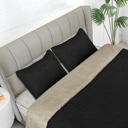 Easy-Going Full/Queen Size Reversible Quilt Set with 1 Quilt and 2 Pillow Shams, Soft Bed Quilt Cover, Water Resistant Lightweight Microfiber Bedspread, Stain Resistant, Olive Leaf-Black/Beige