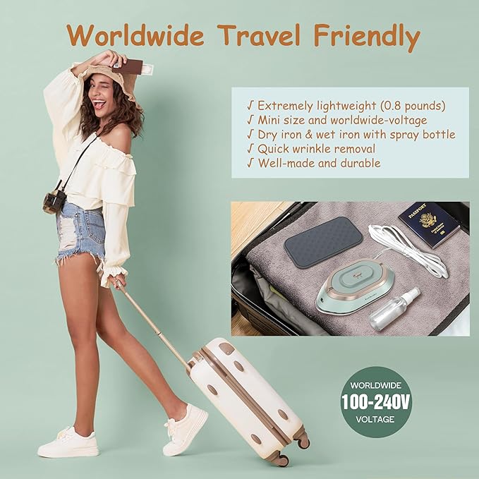 Newbealer Travel Iron with Global Voltage, 100-240V Mini Dry Iron for Clothes (No Steam), Max 300W, 60s Heat Up, 302℉ Non-Stick Ceramic Soleplate, 0.8lbs Ultra-Lightweight (Green)