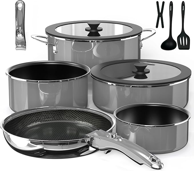 Pro DUXANO 12PC Nonstick Pots and Pans Set&Hybrid 3-Ply Stainless Steel Skillet, High Heat Sear&Fry, 2-Layer Ceramic Induction Cookware, 9H Scratch-Resistant&Anti-Warp,PFAS Free,All Cooktop/Dishwasher
