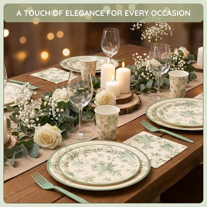 100 Pcs Disposable Sage Green Floral Tableware Set