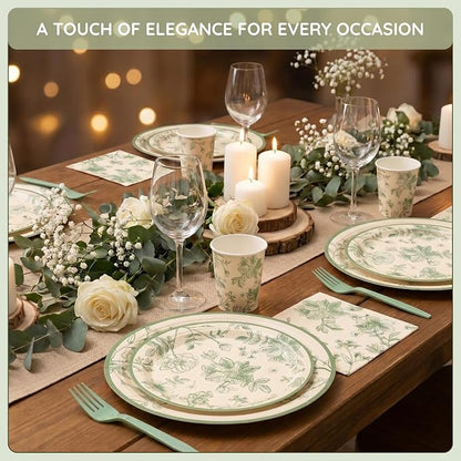 100 Pcs Disposable Sage Green Floral Tableware Set