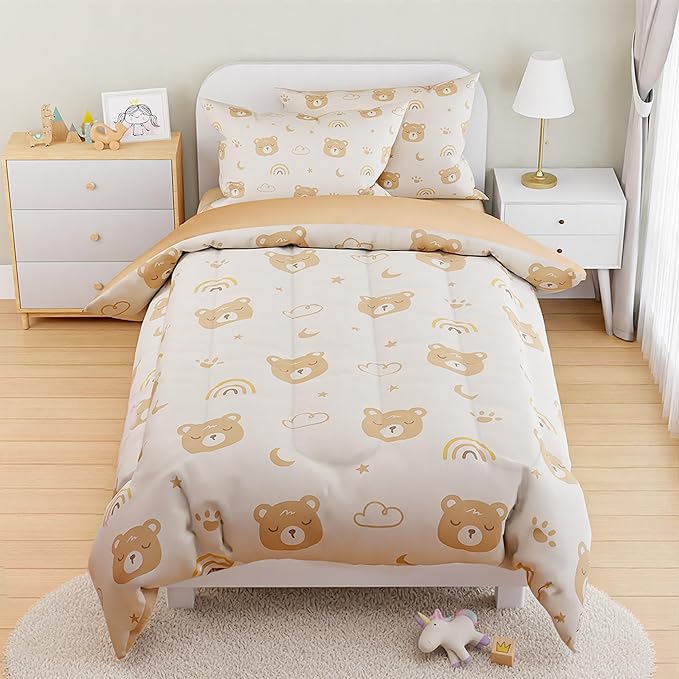 SANDJEST Bear Comforter Set Full Size 98x86in for Kids Boys Girls Unisex, Microfiber 4 Pcs Bedding Set Includes 1 Comforter, 2 Pillowcases, 1 Fitted Sheet, Nursery Room Decor