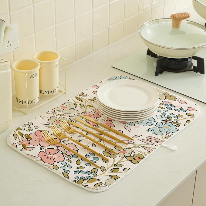 Spring Pink Floral Dish Drying Mat