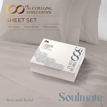 Mayfair Linen 500 Thread Count Twin Cotton Sheets - 3 PC Twin Size Bed Sheet Set Cotton (Taupe), Soft, Cooling, Sateen Hotel-Quality 16" Deep Pocket Bedsheet for Hot Sleepers (Fits 18" Mattress)