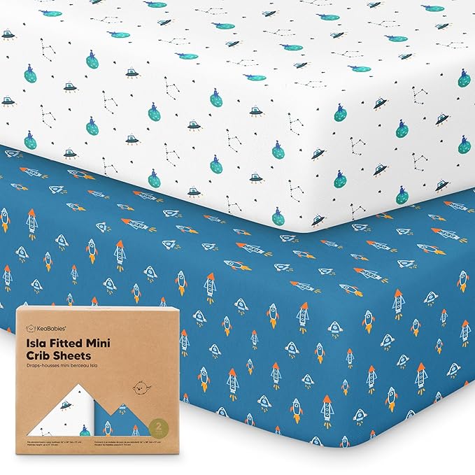 Pack and Play Sheets Fitted - 2-Pack Mini Crib Sheets for Pack N Play Mattress 38x26, Soft & Cozy, Neutral Toddler Playard Bedding, Snug Fitted Mini Baby Crib Mattress Cover Boy, Girl (Space Quest)