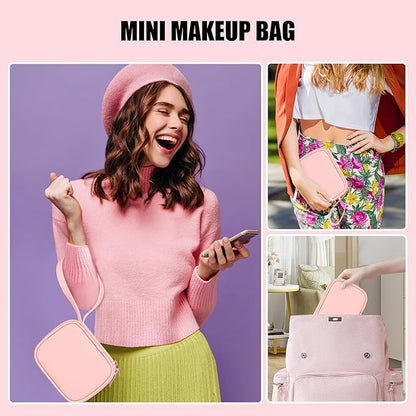Relavel Mini Makeup Bag with Led Mirror, Small Cosmetic Bag with 3 Light Modes, Rechargeable Portable Makeup Pouch with Hands-Free Wrist Strap for Pool Parties丨Work Touch-Ups丨Travel - Pink