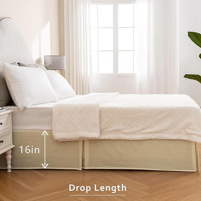 MIYE Pleated Waffle Weave Bed Skirt, Tailored Dust Ruffle 16 Inch Drop Easy Fit, Machine Washable,No Split Corners (Light Beige, Twin - 16" Drop)