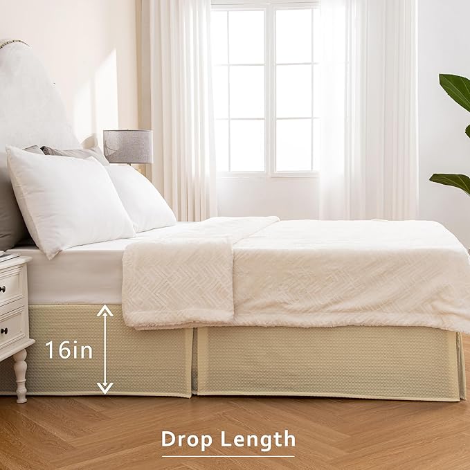 MIYE Pleated Waffle Weave Bed Skirt, Tailored Dust Ruffle 16 Inch Drop Easy Fit, Machine Washable,No Split Corners(Light Beige, Full - 16" Drop)