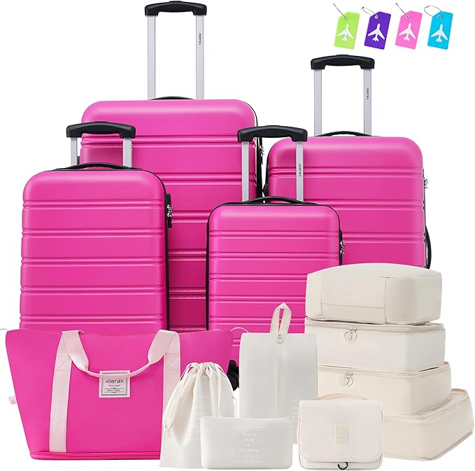 Merax Luggage sets of 13 Piece 16 20 20 28 IN Carry on Luggage Hard Case Pink Luggage Expandable Checked Luggage Suitcase Set with Wheels