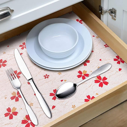 RAY STAR 18X96 Inch Shelf Liner for Kitchen Cabinets, Non-Adhesive Cabinet Liner Washable, PVC Drawer Liner for Dresser Non-Slip Bathroom (Red Floral)(5 Roll)