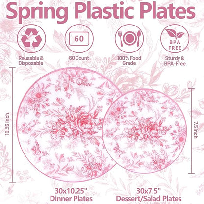 60PCS Pink Plastic Plates