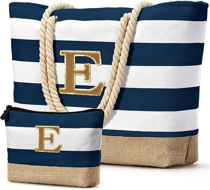 Becokan Beach Bag Initial Beach Tote with Makeup Bag for Travel Work Storage Personalized Birthday Gifts for Women Her