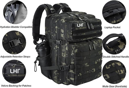 LHI Military Tactical Backpack for Men and Women 45L Army 3 Days Assault Pack Bag Large Rucksack with Molle System - Black CP