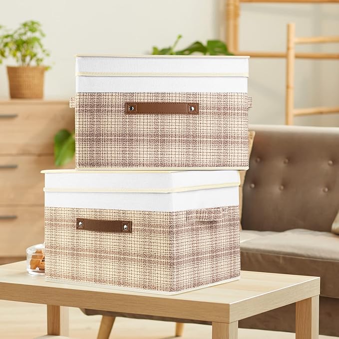TYEERS Collapsible Storage Bins with Lids, Patchwork Design, Washable, Fabric Storage Boxes, 14.9x9.8x9.8 inches, 5 Pack, Camel Tan