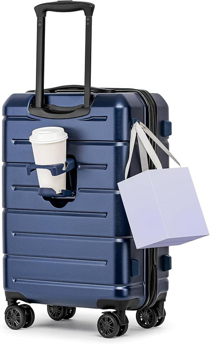 KYME Carry On Luggage 22x14x9 Airline Approved with Cup Holder Hardside Carry On Suitcase with Spinner Wheels TSA Lock Hardshell 22 inch Travel Rolling Luggage for Women Men Navy