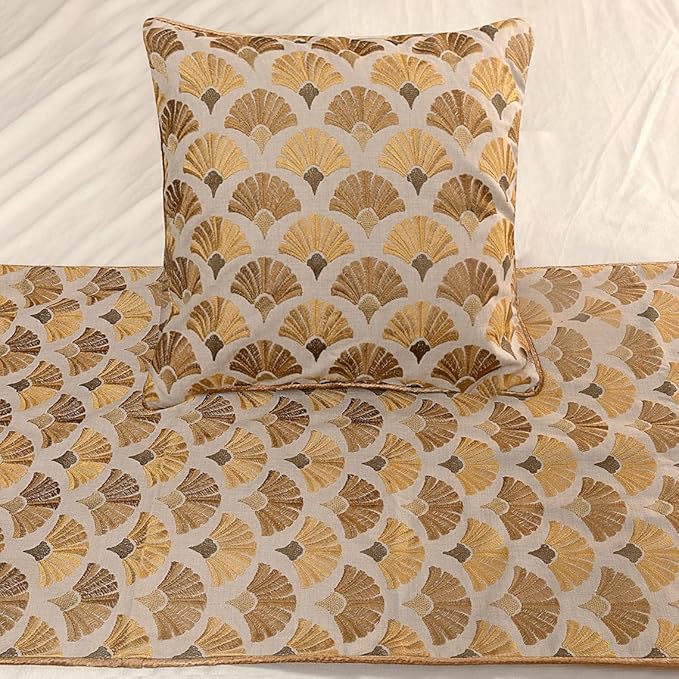 The HomeCentric King Queen Twin Beige & Yellow Gold Handmade King 90"x18" Bed Runner with 2 Pillow Cover, Floral Embroidery Bed Scarf on Cotton Embroidery Fabric - Autumn Bloom