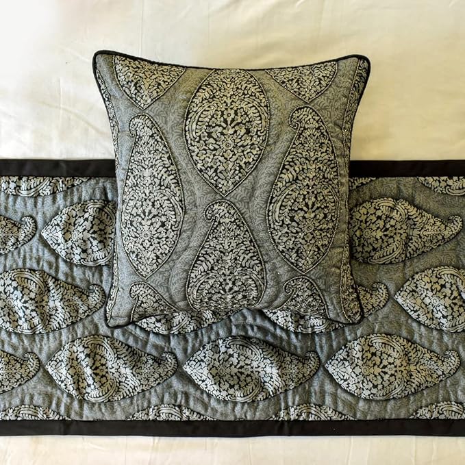 The HomeCentric King/Queen/Twin Grey Decorative Full 68"x18" Bed Runner with Pillow Cover, Paisley & Beaded Bed Scarf on Jacquard Fabric - Paisley History