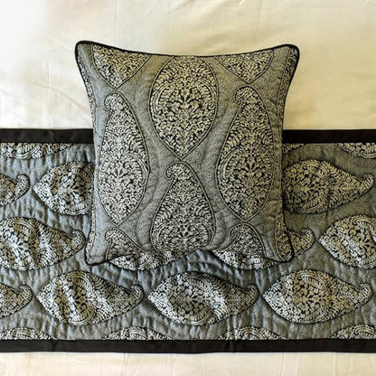 The HomeCentric King/Queen/Twin Grey Decorative Full 68"x18" Bed Runner with Pillow Cover, Paisley & Beaded Bed Scarf on Jacquard Fabric - Paisley History