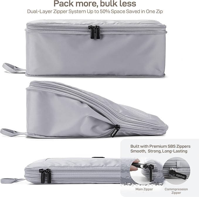 EPICKA TripCozy Compression Packing Cubes - 4 Set Durable Travel Organizer Bags with Mesh Top, Expandable Travel Accessories for Carry on, Luggage, Suitcase, Backpack (Light Grey)