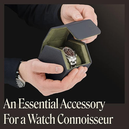 Leather Watch Cases for Men - Hexagon Single & Double Watch Roll Travel Case - Genuine Napa Leather with Velvet Interior - Storage & Display Holder 1 or 2 Watches