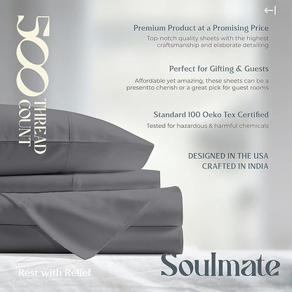 Mayfair Linen 100% Cotton Bed Sheets Twin Sheet Set - 500 Thread Count Sheets Twin Size 3 PC Set (Dark Grey), Soft, Cooling, Hotel-Quality 16" Deep Pocket Sateen Weave Cotton Bedsheet for Dorm Room